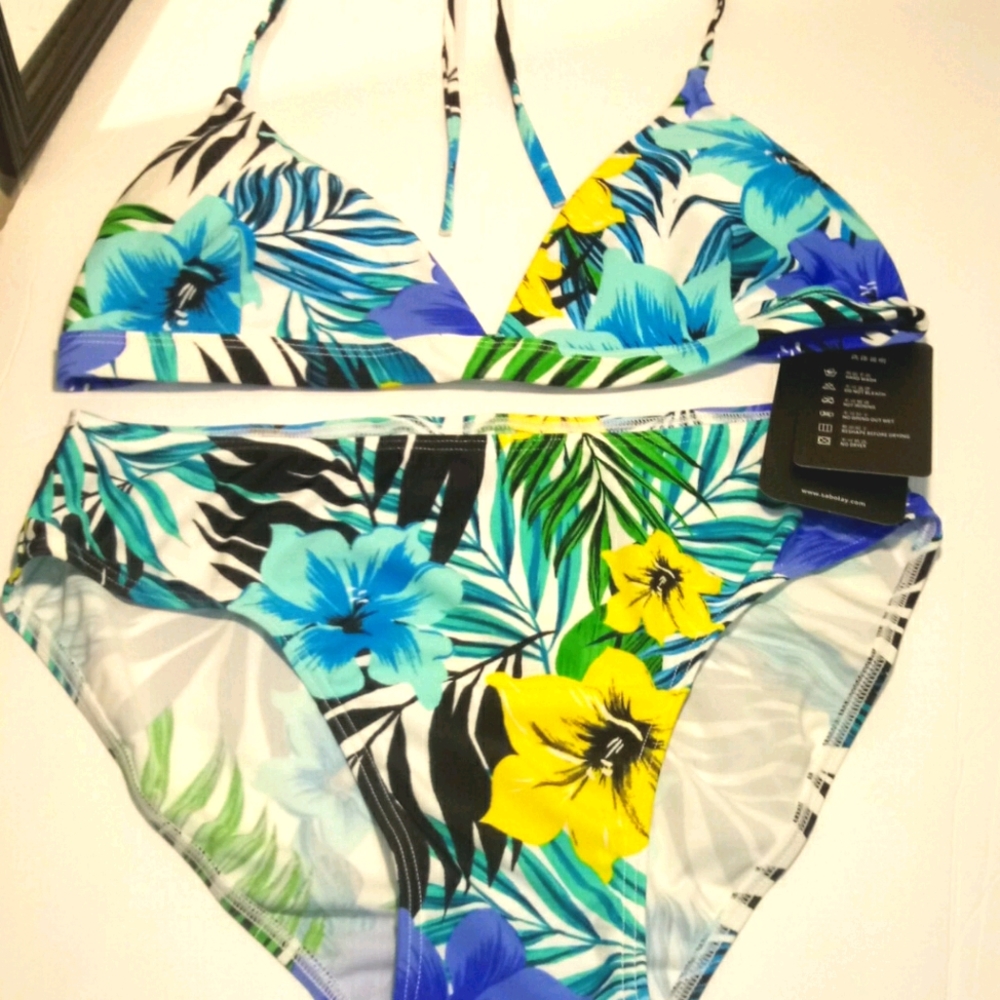 TROPICAL FLORAL PRINT TWO PIECE SWIMSUIT SIZE LARGE - Picture 6 of 6